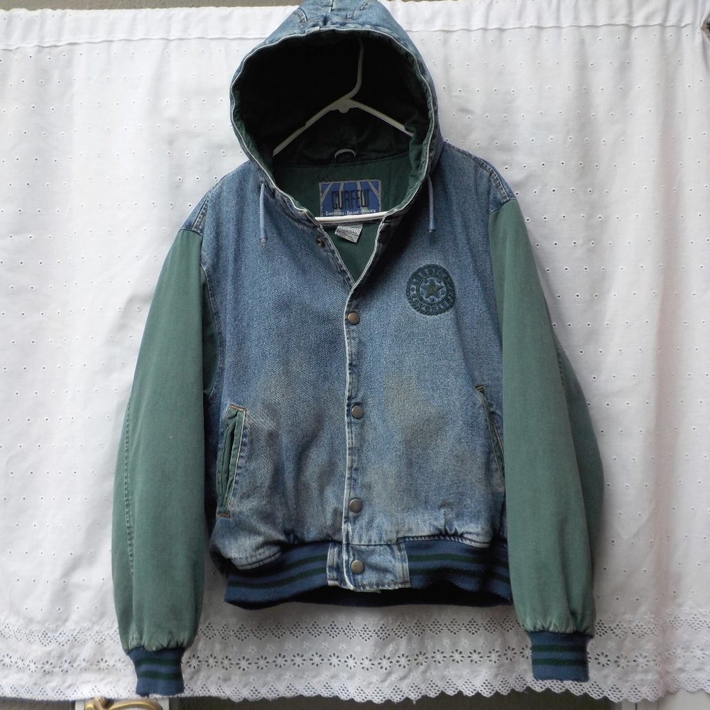 Vintage Used Curfew Brand Lined Hooded Jeans Bomber Jacket SZ M